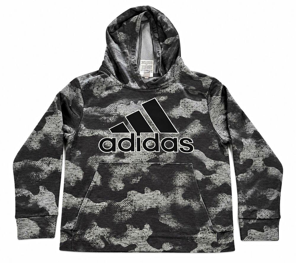Adidas Boys Size 8 Gray/Black Camo Pullover Hoodie Fleece Polyester Logo Pockets